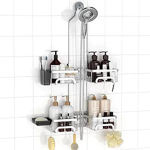 REINHARDT Adjustable Shower Caddy Hanging Split Shower Caddy for Handheld Showerheads, Rustproof Shower Organizer with Hooks for Razor Over the Head Caddy with Soap Holder Bathroom Accessories, Silver