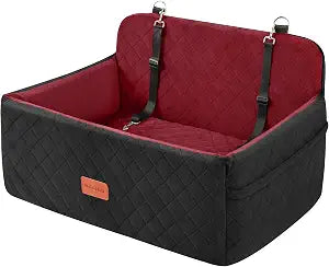 HEGGCOOE Dog Car Seat for Medium/Large Dogs, Pet Booster Seat for Under 55 lbs or 2 Small Dogs, Detachable & Washable Dog Car Bed for Backseat with 2 Safety Leashes (Blcak/red)