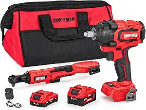 Alloyman 20v 3/8'' Cordless Ratchet Wrench 44 ft-lbs (60 Nm) and 1/2'' Brushless Impact Wrench 516 ft-lbs(700 Nm) Combo Set, with Variable Speed, LED Light, 4.0Ah &2.0Ah Battery, Charger