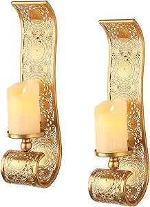 Wall Candle Sconce Set of 2,Gold Metal Wall Mount Candle HolderSpanish Baroque Hollow Carving Wall-Mounting Sconces for Living Room, Bathroom, Dining Areas,Hallways Decorations