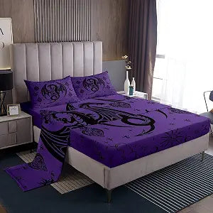 Black Dragon Bedding Set Twin Size,Sun Moon Stars Galaxy Bed Sheets 3Pcs,Western Magical Animals Fitted Sheet for Kids Boys Men Teens Room Decor,Boho Gothic Purple Top Flat Sheet,1 Pillowcase