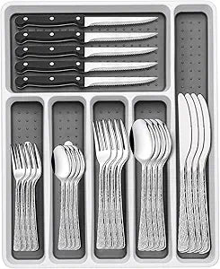 49-Piece Silverware Set with Organizer, Food-Grade Stainless Steel Flatware for 8, Cutlery Utensil Sets with Steak Knives, Rust-proof, Mirror Polished, Dishwasher Safe, Silver Tree Pattern