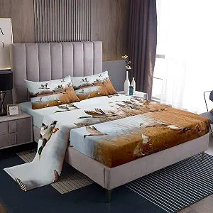 Erosebridal Queen Size Mallard Duck Bed Sheets & Pillowcases Set, Rustic Natural Lake Scenery Bedding, Country Style Flat Sheet, 4 Piece Set, 2 Pillowcases, Polyester, Machine Washable