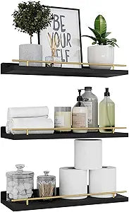 WOPITUES Floating Shelves with Gold Metal Guardrail, Shelves for Wall Decor Set of 3, Wall Shelves for Bedroom, Bathroom, Kitchen, Living Room, Plants, Picture Frames, Art- Black and Gold