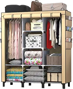 Portable Wardrobe with 10 Storage Racks and 2 Hanging Poles, 18 Side Pockets Non-Woven Cover, Size 130 x 45 x 172 cm, Bedroom Closet Organizer(Beige)
