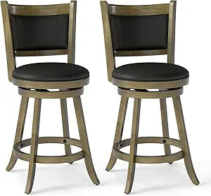 COSTWAY Swivel Bar Stools Set of 2, 24 Inch Counter Height Chairs with Padded Backrest and Seat, Rubber Wood Frame and Footrest, Faux Leather Upholstered Barstools for Kitchen Island and Pub