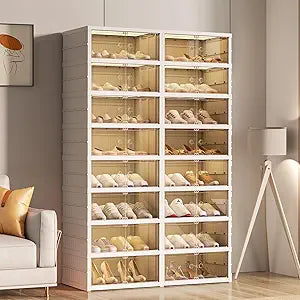 Beeveer 8-Tier Foldable Shoes Rack Organizer Clear Plastic Shoes Rack for Closet Shelf Collapsible Large Storage Box Stackable Easy Assembly Shoe Cabinet with Lids and Door(for 32 Pairs)