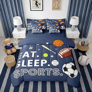 Erosebridal Kids Football Comforter Set 7 Piece Basketball Baseball Soccer Sports Bedding Set Full Ball Sports Theme Bed in A Bag for Kids Boys Girls Navy Blue Ball Game Quilt with Flat Fitted Sheet
