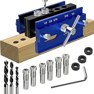 Self Centering Dowel Jig Kit for Woodworking, Adjustable Drill Guide with 6 Steel Bushings & 3 Drill for Straight Holes, Doweling Jig for Woodworking Projects Joiner Complete Tool Set (Long 7.3IN)