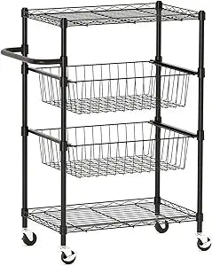 LinTimes 4 Tier Rolling Cart, 110 LB Capacity, Locking Casters & Handle Bar, Wire Storage Rack for Kitchen, Restaurant, Garage, Black