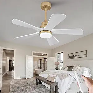 42 Inch Ceiling Fans with Lights and Remote Control, White Gold Ceiling Fan with Light for Bedroom Patio, Noiseless DC Motor, Dimmable Led, 5 Solid Wood Blades