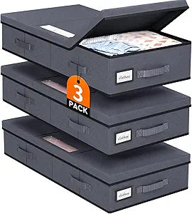 StoreHappily Under Bed Storage Containers with Lids - 3 Pack, Foldable and Stackable Clothes Storage Bags with Clear Window, 3-Sided Handles and Label Slot for Clothing, Blankets, Pillows (Grey)