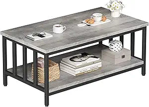 Homeiju Coffee Table for Living Room with Slatted Sides Frame, Modern Farmhouse Living Room Table with 2-Tier Storage Shelf for Home Office, Apartment, Grey Wash, 39 inch
