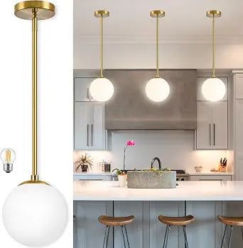 Bagood 6" Globe Pendant Light Gold Mid Century Pendant Light Globe Pendant Lights Kitchen Island Brushed Brass Finished with Milk Glass Lampshade Adjustable Ceiling Light Fixtures for Kitchen
