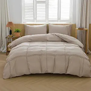 AiMay Duvet Cover Set Queen Size Pintuck Pleated Bedding Set 3 Pieces Textured Ultra Soft Comfy and Breathable All Season Easy Care Solid Color with Zipper Closure & Corner Ties (Khaki, Queen)