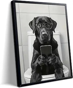 Black and White Bathroom Wall Art, Funny Labrador Dog Canvas Prints Poster, Cute Animal Sitting on Toilet Looking at Phone Picture, Modern Farmhouse Restroom Bathroom Home Wall Decor 16x24 Inch Framed