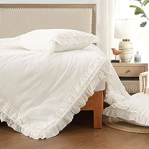 BOV White Ruffle Comforter Queen Size Bed Set, Linen-like Super Soft Cotton Comforter Queen Size, Coquette Country Farmhouse Comforters Set, Luxury Lace Comforters Shabby Chic Bedding Set, 3Pc 92"x96"
