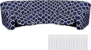 Peryiter 7 Pcs Printed L Shape Sectional Recliner Sofa Covers 5 Seat Sectional Couch Covers Milk Silk Velvet Stretch Reclining Sofa Slipcover Furniture Protector for Living Room(Navy Blue)