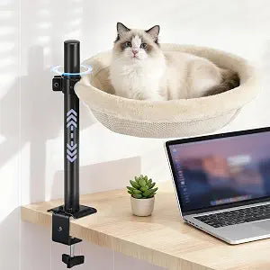 Cat Desk Bed, 360 Swivel Adjustable Height Cat Bed, Space-Saving Heavy Duty Steel Clamp-On Various Desktops, Soft Rabbit Faux Fur with Dual-Sided Reversible Mat, Cats Desk Hammock for Large & Kitten