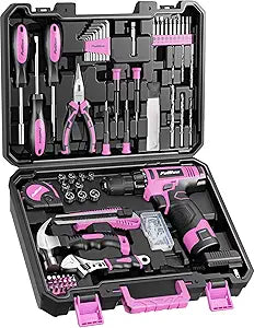 PULITUO Drill Set, 149-Piece Home Tool Set with 12V Pink Cordless Drill, Tool Box, Hand Tool Kits for Women & Men and DIY Enthusiasts, for Home Improvement