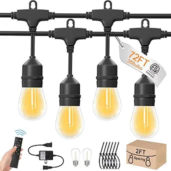 72ft Outdoor String Lights with Remote & Dimmer,36+2 Commercial Grade IP65 Waterproof Bulbs, 2700K Warm White,3 Lighting Modes & Timer,Includes 40 Cable Ties for Patio,Garden, Party