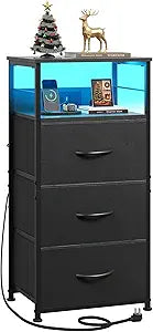 WLIVE Nightstand with Charging Station, 31.9" H Nightstand with 3 Fabric Drawers, LED Bedside Table with USB Ports and Outlets, End Table for Dorm, Bedroom, Entryway, Black