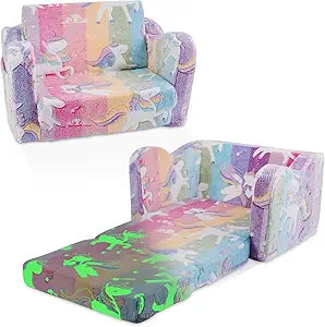 Kids Couch Sofa Toddler Couch Unicorn Glow in the Dark 2-in-1 Foldable Kids Sofa Bed Flip Open Toddler Sofa Chair for Girls Playroom Birthday Gift