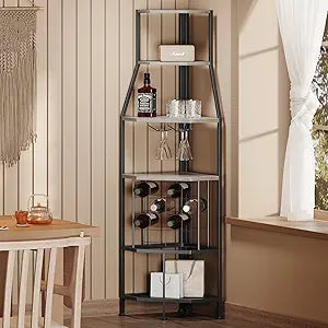 Espelism 5-Tier Corner Wine Rack Floorstanding with Glass Holder and Bottles Wine Storage Home Bar Furniture for Home Kitchen Dining Room Industrial Metal and Wooden Corner Shelf
