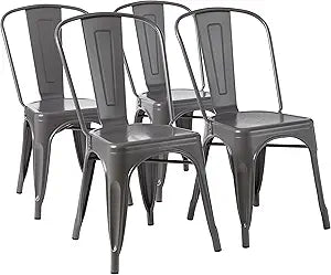 Amazon Basics Metal Dining Chairs, Easy to Assemble, Indoor/Outdoor, Stackable, 330-Pound Capacity, Dark Gray, 4-Pack, 20.1 x 17.1 x 33.5 inches