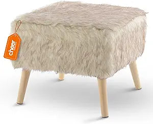 Cheer Collection 17" Square Ottoman | Super Soft Decorative Tan Wolf Faux Fur Foot Stool with Wood Legs