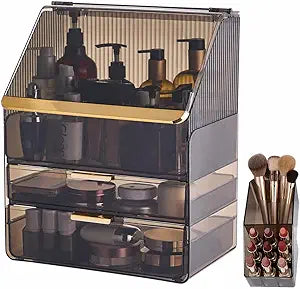 Large 3-Tier Makeup Organizer with Drawers and Lipstick Holder, Dustproof Waterproof Skincare Storage Box for Bathroom Countertop, Vanity Cosmetic Organizer,Clear Black
