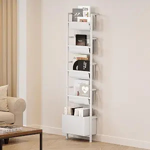 Homeiju Wall Mounted Kids Bookshelf with Storage Bin, 5-Tier Ladder Shelf, Suitable for Books, Toys, Magazines, Documents, Albums, White