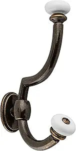 UNIQANTIQ HARDWARE SUPPLY Antique Brass Hall Tree Hook with Ceramic Ball Tips - Rear Mount Double Coat Hook for Hall Trees, Racks and Furniture - CH3-DAB (5)