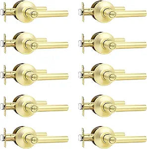 10 Pack Gold Privacy Door Handles Interior, Brushed Gold Privacy Lever Door Handle, Heavy Duty Interior Bedroom Door Lever, Brushed Brass Bathroom Door Handles, Keyless Interior Door Handle