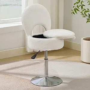 Small White Vanity Stool Chair with Storage Ottoman Adjustable Vanity Chair with Folding Back, Makeup Ottoman Stool for Vanity Chrome Finish