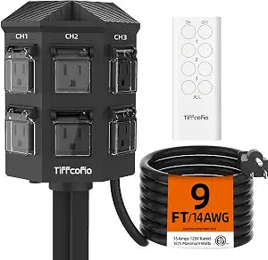 Outdoor Remote Control Power Strip, 9FT Extension Cord Waterproof, Independent Control Outlets, 6 Grounded Outlets for Outdoor Decorations, 14 AWG, 15A/1875W, ETL Listed (9 FT)