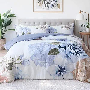 Floral Comforter Set Queen Size, 3 Pieces Elegant Blue Floral Bed in a Bag, Soft Microfiber Botanical Flower Bedding Set with 2 Pillowcases for All Season 90"��90"