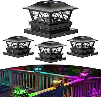 Solar Post Lights Outdoor Waterproof RGB Color Changing Modes Fence Post Cap Lights, Deck Post Lights Solar Powered for 4x4 5x5 6x6 Wooden or Vinyl Yard Garden Patio Decor, Black(4 Pack)