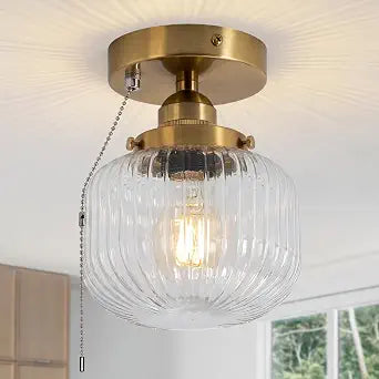 KEESFU Semi Flush Mount Ceiling Light in Gold Bronze, Vintage Glass Ceiling Light with Pull Chain Switch, Modern Gold Hallway Light Fixture for Bedroom, Kitchen, Hallway, Entryway
