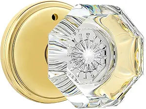 Privacy Crystal Glass Door Knobs Interior with Lock, Modern Octagon Door Knobs for Bedroom/Bathroom, Gold/Polished Brass