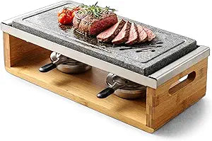 Artestia Steak Lava Stone Table Grill for Meat with Bamboo Stand, Smokeless BBQ Grill with Fast Heating Natural Lava Cooking Stone, Ideal for Dinner and Family Fun, Two Rechauds (14.56"*6.69")