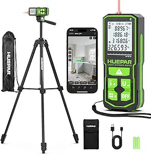Laser Distance Measure 395 Feet with 60 Inch Tripod, Huepar Laser Distance Meter with Bluetooth & APP, Angle Sensor, 1/16in Accuracy Rechargeable Laser Measuring Tool, M/in/Ft Unit, Pythagorean Mode