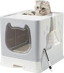 Vealind Covered Litter Box with Lid, Low Entry Kitten Small Litter Box Enclosure with Scooper and Brush, Anti-Splashing Top Entry Litter Box Grey
