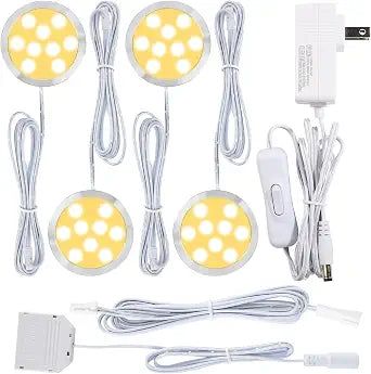 LED Puck Light Fixtures for Display Shelf, Home Hutch Under Above Lighting, 110V Electric Wall Plug-in, 4 Ways Octopus Parallel Wiring, On & Off Switch, Warm White 2700K, 4 Lights