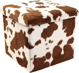 Luxe L 100% Faux Fur Go-Poufs Knock-Down Medium Cube Storage Ottoman 15x15x15 Cowhide Brown/White Sturdy Seat Footrest Easy Tool-Free Assembly Modern Rustic Traditional Kitchen Dining Nursery Portable