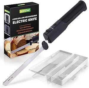 NutriChef Cordless Electric Knife | Easy to Use Constant ON/OFF Safety Function | Lightweight Kitchen Knife | Carve Turkey, Meats, Poultry, Bread & Cheese | 11.42 Stainless Steel Blades | Black