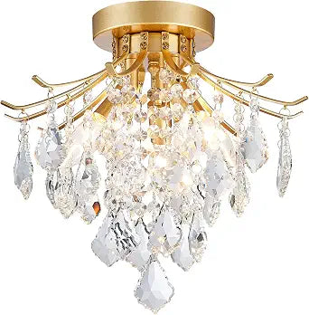 Mini Chandelier Crystal Ceiling Light,Small Flush Mount Gold Light Fixture for Entryway Bedroom Barthroom Hallway Closet, 3 E12