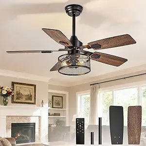 Depuley 42-Inch Ceiling Fans with Lights: Caged Ceiling Fans Dual Finish 5 Blades - Farmhouse Ceiling Fan with Remote Control for Rustic Living Room Outdoor Patio Reversible (Black Walnut)
