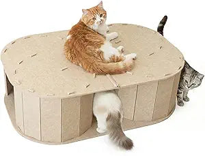 PETKARAY Large Felt Cat Tunnel, Double S-Shaped Hideaway for Indoor Cats, Interactive Cat Bed Cave and Hideout, 34x22.8x10.2 inches Beige