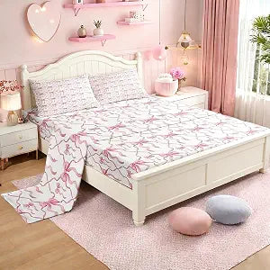 Erosebridal Pink Bow Bed Sheets for Kids Teen Women,Cute Ribbon Bowknot Twin Bedding Sets for Girls Kawaii Watercolor Bow Tie Sheet Set,Pink White Princess Bow Bed Sheet Set 3 Piece